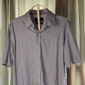 Buttercloth Button Front Short Sleeve Polo Blue and White Geometric Shirt L Tall